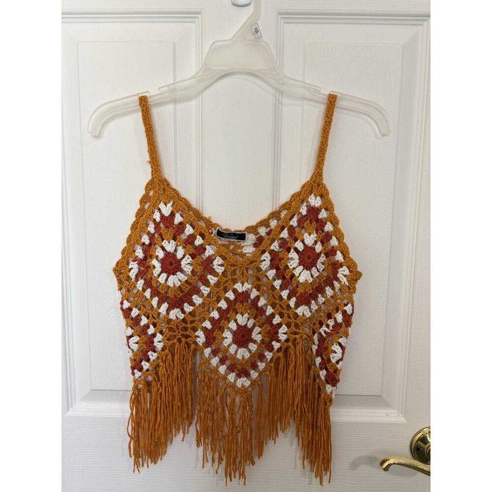 Granny Square Crocheted Crop Tank Top Size S/M Tassels Boho Festival Hippie